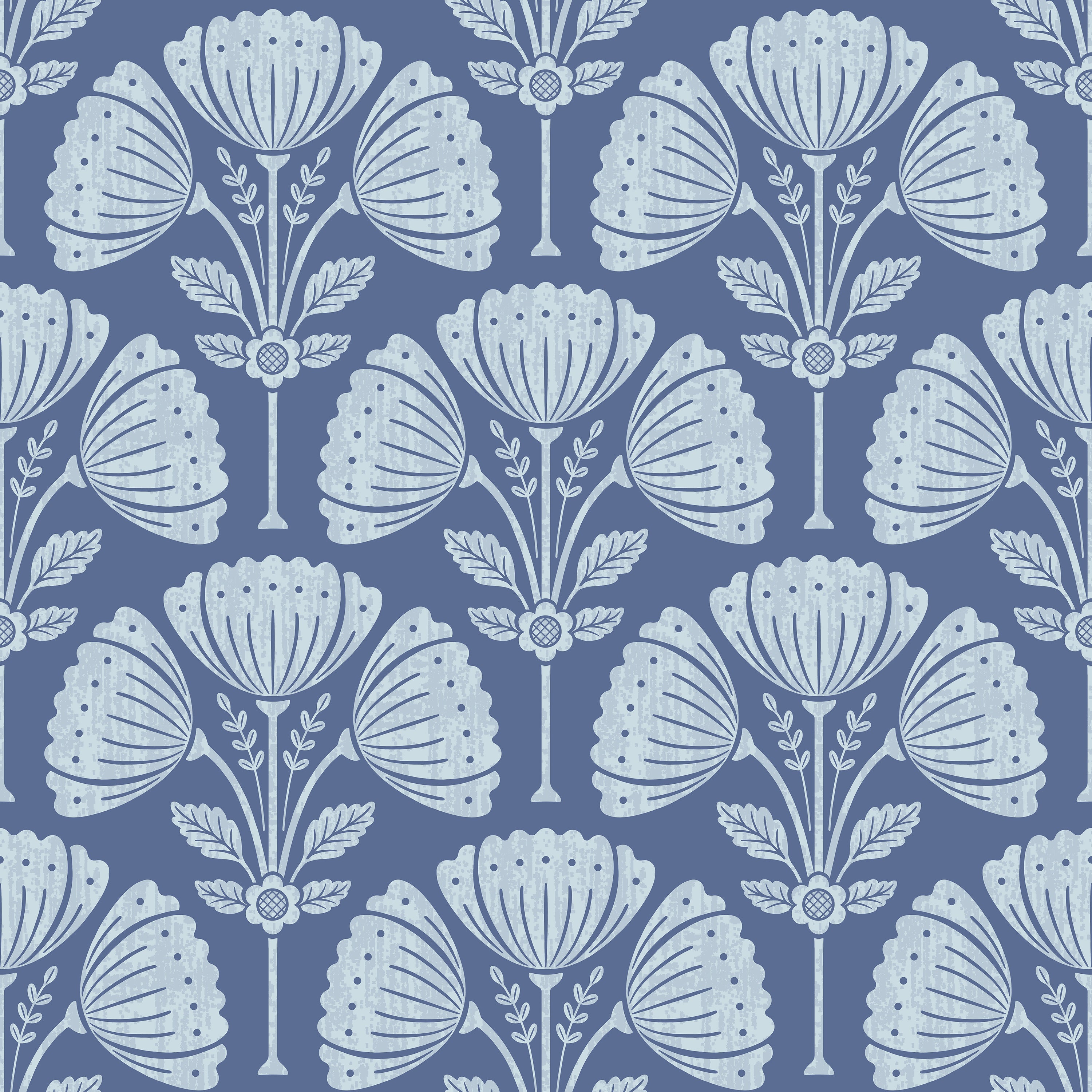 Pattern of stylized flowers in white on a blue background
